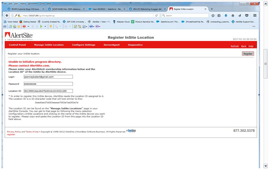 I Am Trying to Register An InSite and I Get Unable to initialize ...